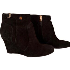 Tory Burch Black Suede Wedge Booties – Size 9.5, Gold Hardware